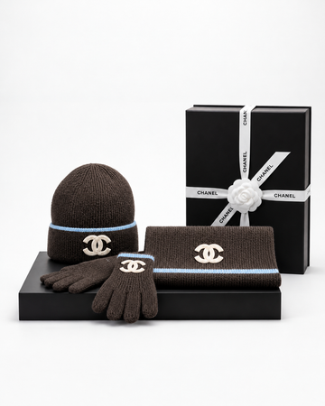 Chanel Fleur Gorro Bufanda Guantes Chocolate