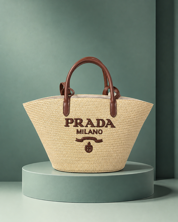 Prada Large Rafia Tote Marfil Y Cuero