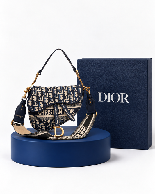 Christian Dior Saddle Azul Marino Bordado Dorado