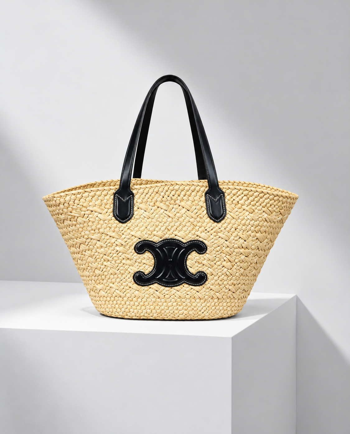 Celine Large Triomphe Basket Rafia Natural Negro
