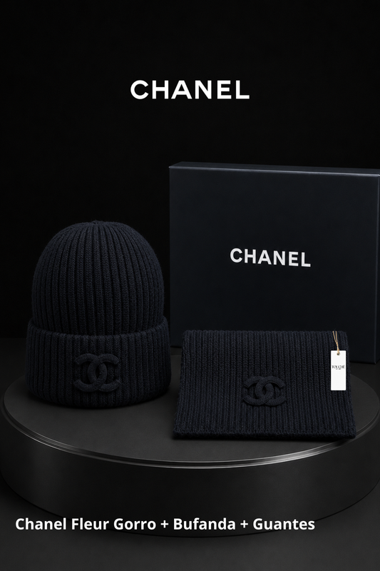 Chanel Fleur Gorro Bufanda Negro