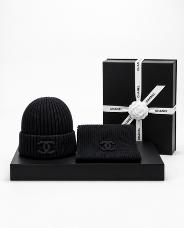 Chanel Fleur Gorro Bufanda Negro
