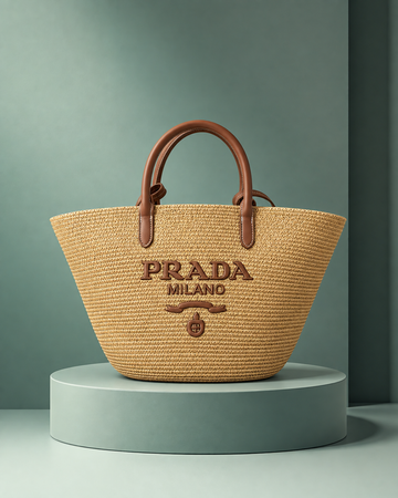 Prada Large Rafia Tote Beige y Cognac