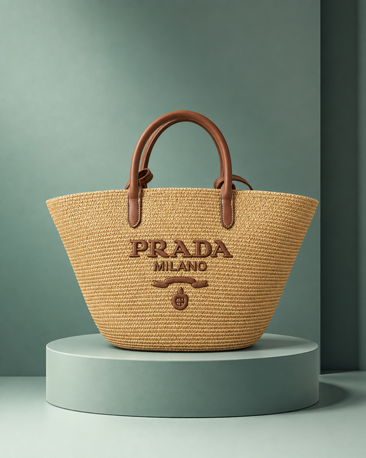 Prada Large Rafia Tote Beige y Cognac